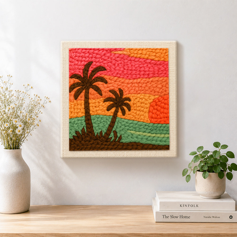 Finished summer sunset and palm trees artwork displayed on a wall