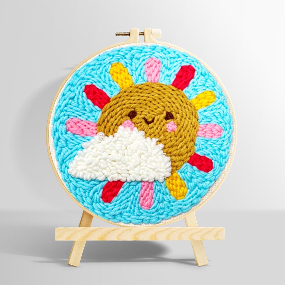 Sun and cloud with rainbow rays punch needle kit for beginners