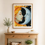Finished sun and moon lovers cross stitch artwork displayed as home decor