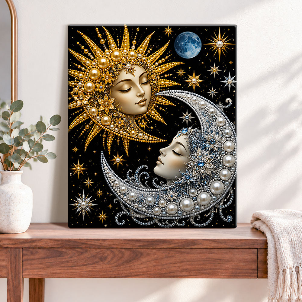 Finished sun goddess and moon goddess pearl diamond painting artwork displayed as home decor