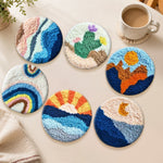 Sun, mountains and cactus punch needle coasters used for home decoration