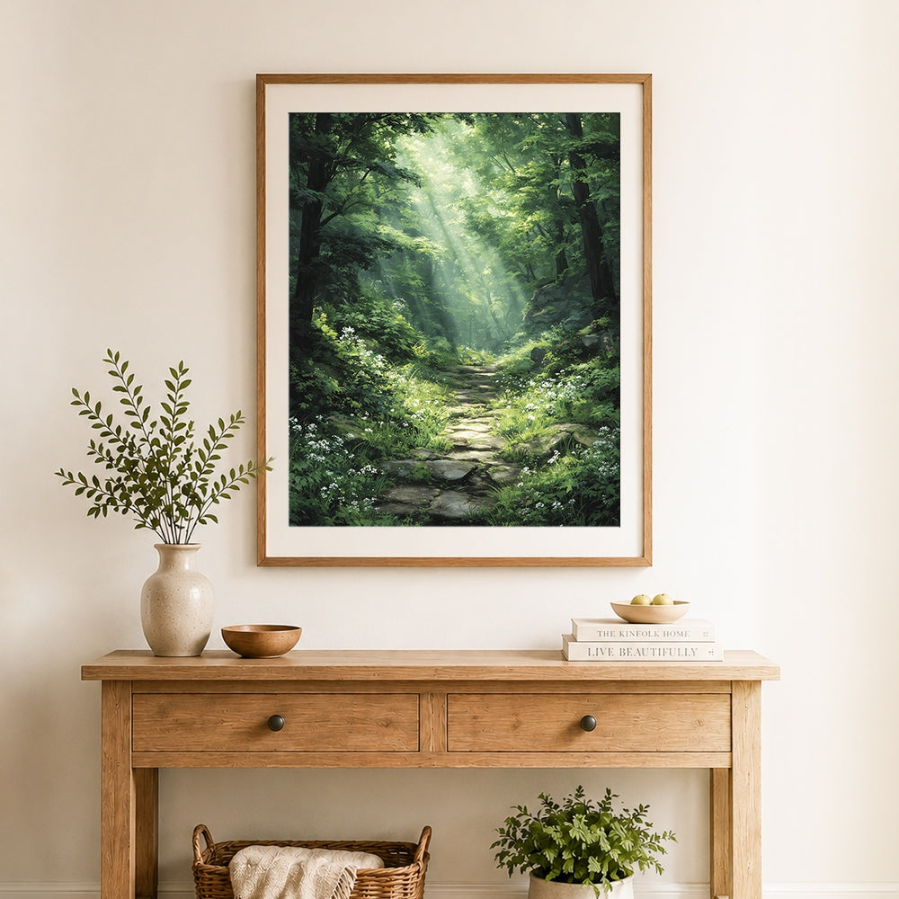 Finished sunbeams in green forest with stone path cross stitch artwork displayed as home decor