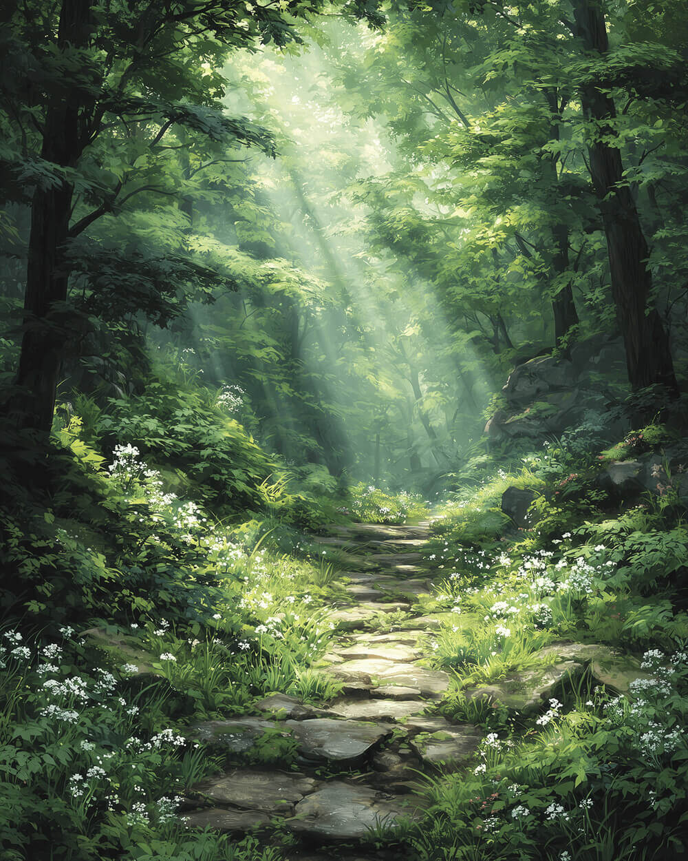 Sunbeams in green forest with stone path cross stitch kit for beginners