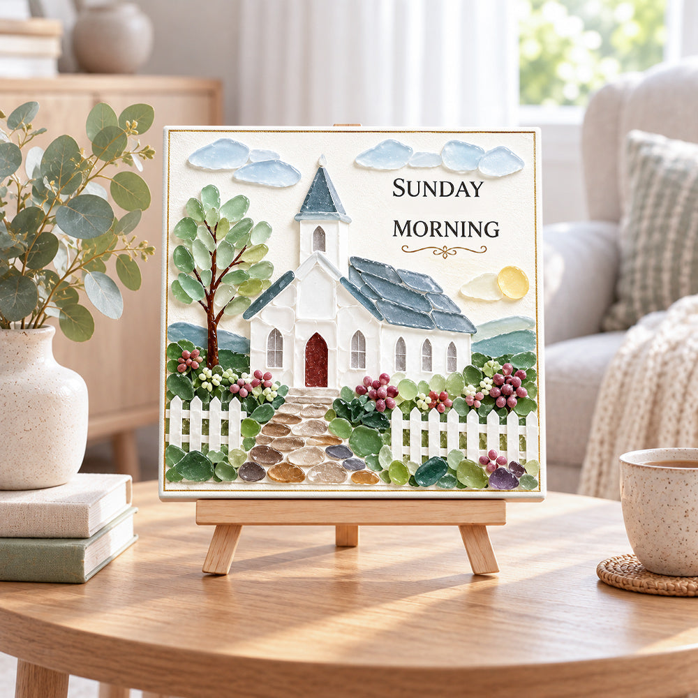 Sunday morning sea glass art kit displayed as seasonal home decor