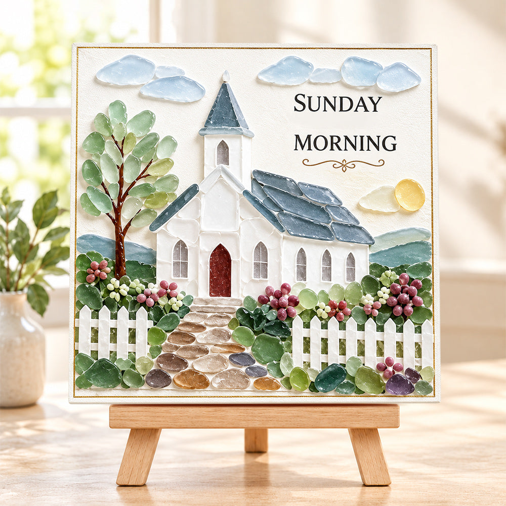 Sunday morning sea glass art kit finished artwork on display