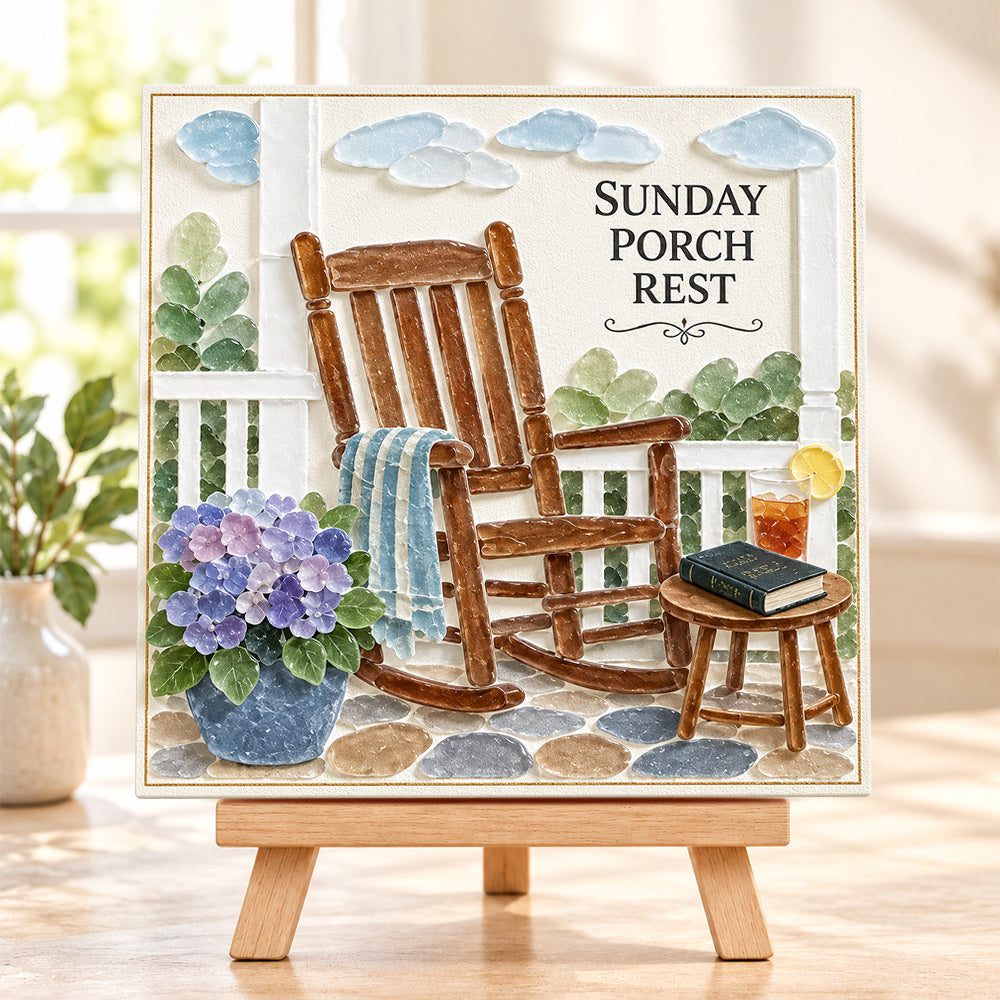 Sunday porch rest sea glass art kit finished artwork on display