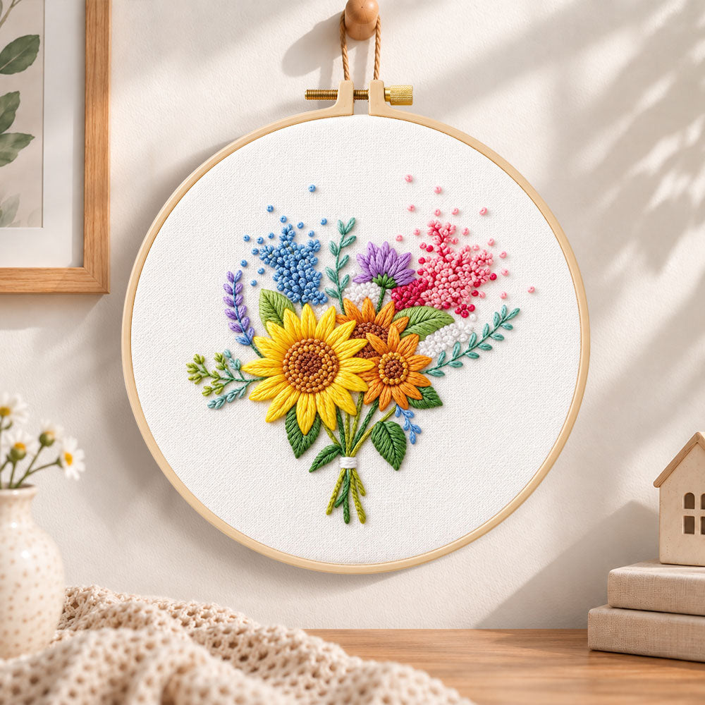 Sunflower and lavender bouquet embroidery hoop wall art displayed as warm and cozy handmade home decor