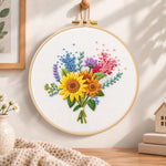 Sunflower and lavender bouquet embroidery hoop wall art displayed as warm and cozy handmade home decor