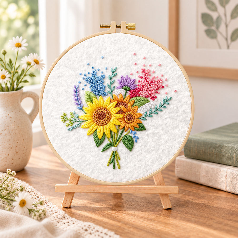 Sunflower and lavender bouquet embroidery kit finished hoop displayed on a wooden stand as cozy tabletop decor