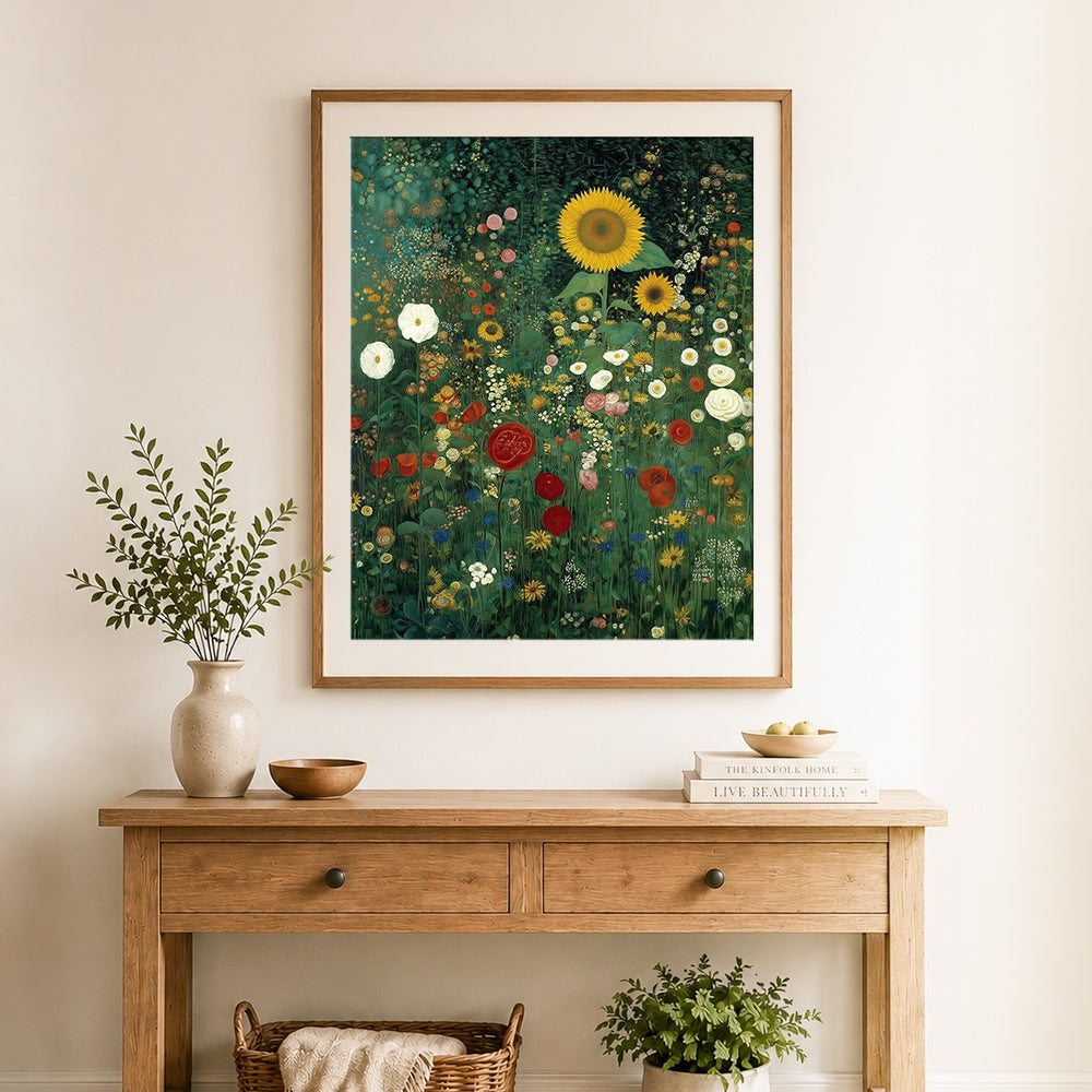 Finished sunflower and poppies on dark green cross stitch artwork displayed as home decor