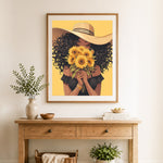 Finished sunflower beauty cross stitch artwork displayed as home decor