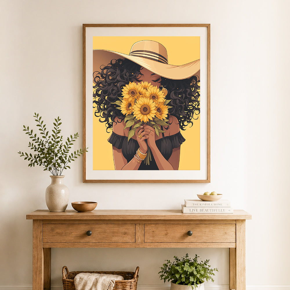 Finished sunflower beauty cross stitch artwork displayed as home decor