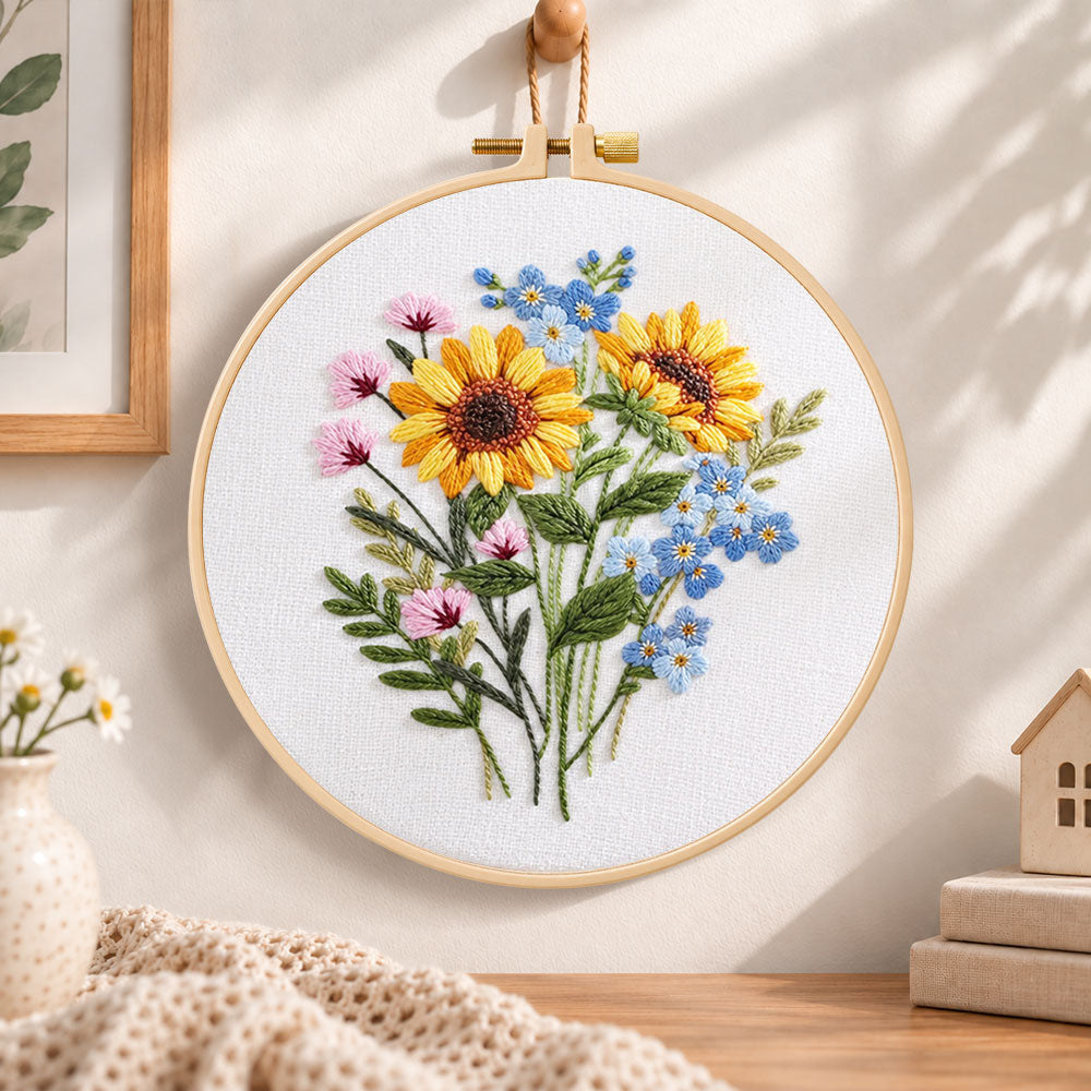 Sunflower bouquet embroidery hoop wall art displayed as warm and cozy handmade home decor