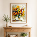 Finished sunflower bouquet in glass vase cross stitch artwork displayed as home decor