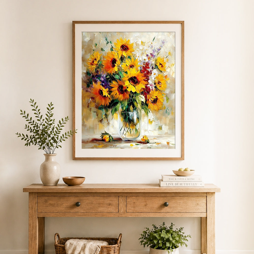 Finished sunflower bouquet in glass vase cross stitch artwork displayed as home decor