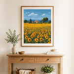 Finished sunflower countryside cross stitch artwork displayed as home decor