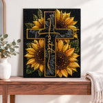Finished sunflower cross with faith pearl diamond painting artwork displayed as home decor