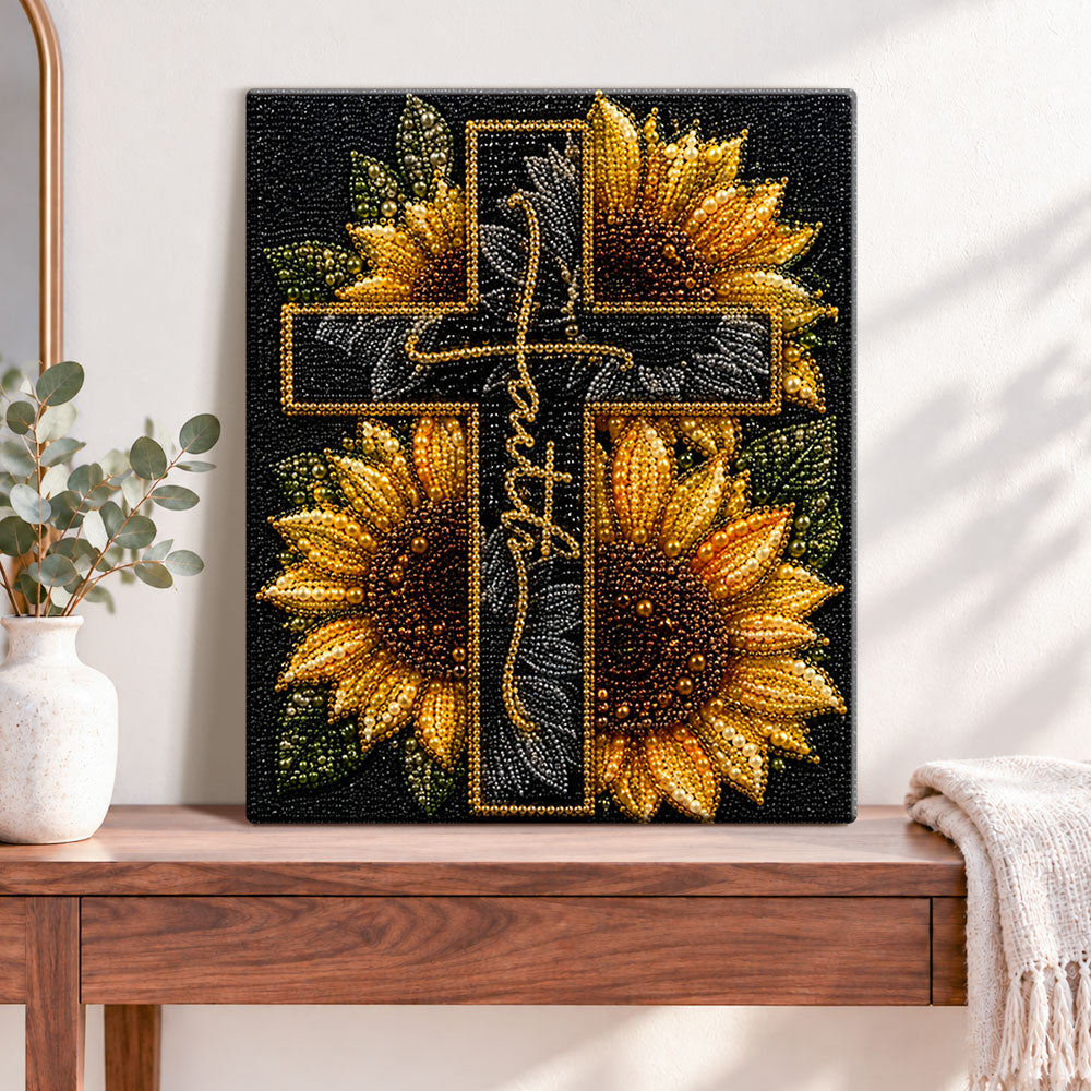 Finished sunflower cross with faith pearl diamond painting artwork displayed as home decor