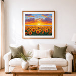 Finished sunflower field at sunset cross stitch artwork displayed as home decor