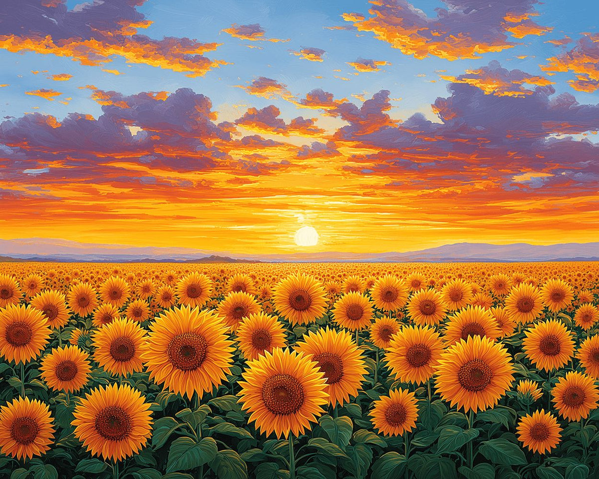 Sunflower field at sunset cross stitch kit for beginners
