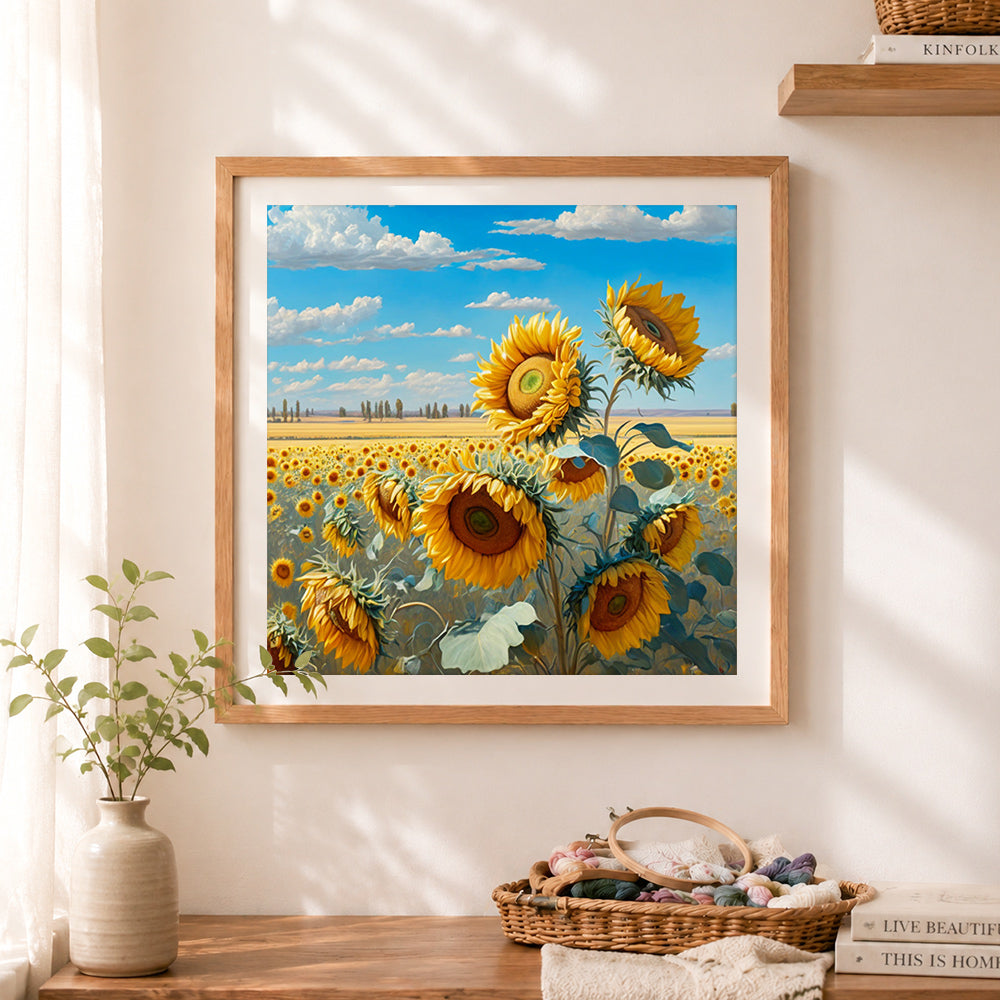 Finished sunflower field under blue sky cross stitch artwork displayed as home decor