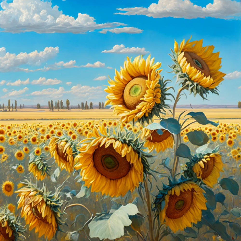 Sunflower field under blue sky cross stitch kit for beginners