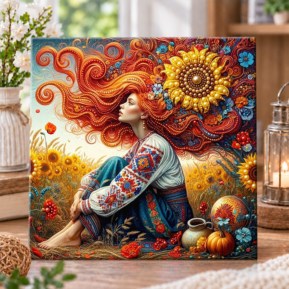 Sunflower folk maiden pearl diamond painting kit for beginners
