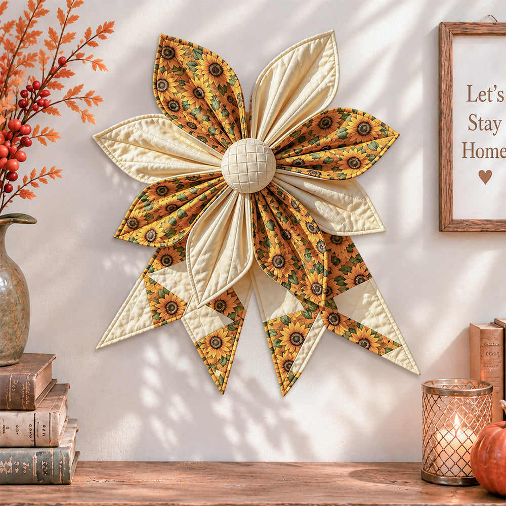 Sunflower quilted bow displayed as handmade wall decor in a cozy home