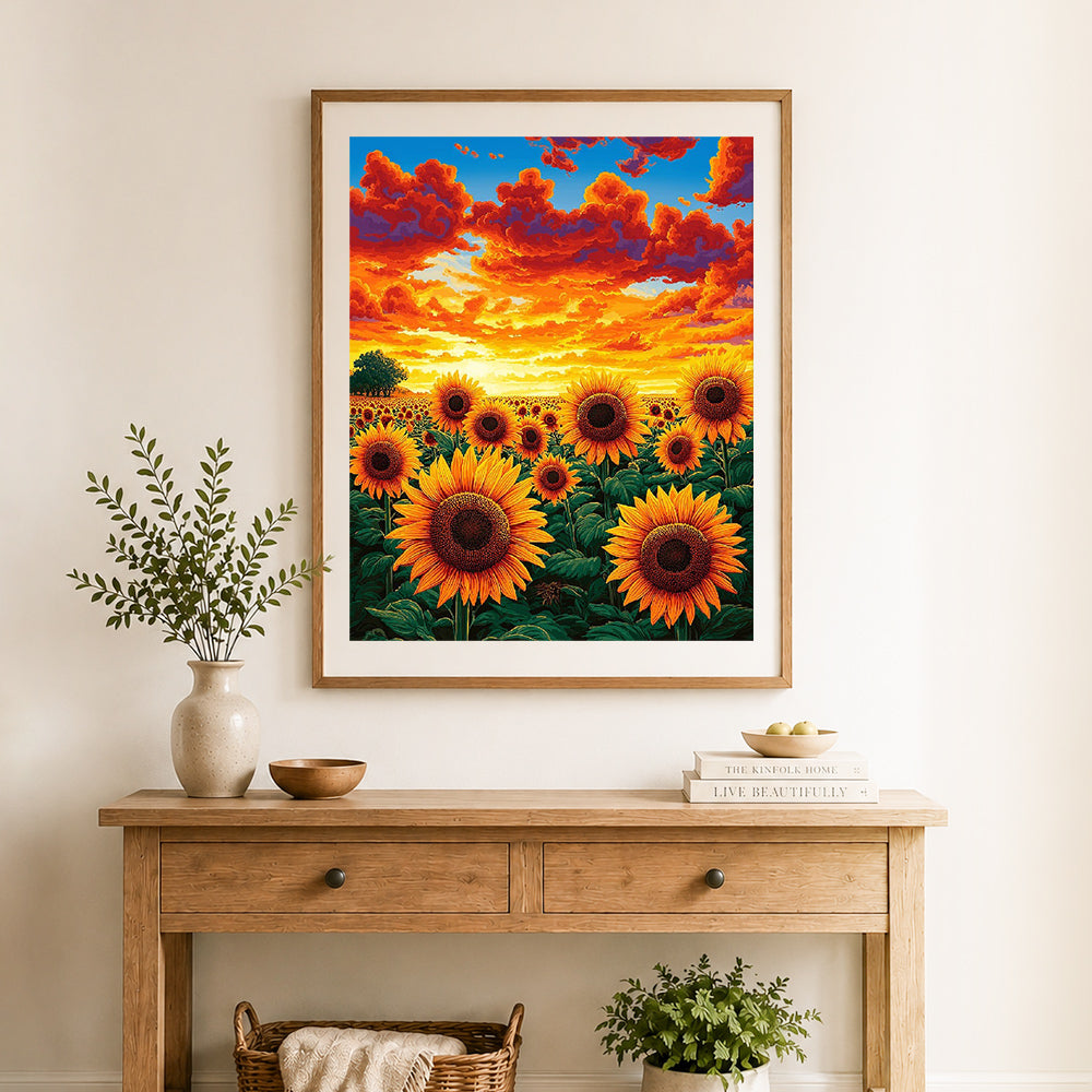 Finished sunflower sunset field cross stitch artwork displayed as home decor