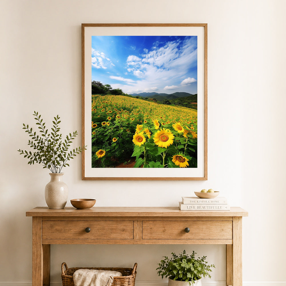 Finished sunflower valley view cross stitch artwork displayed as home decor