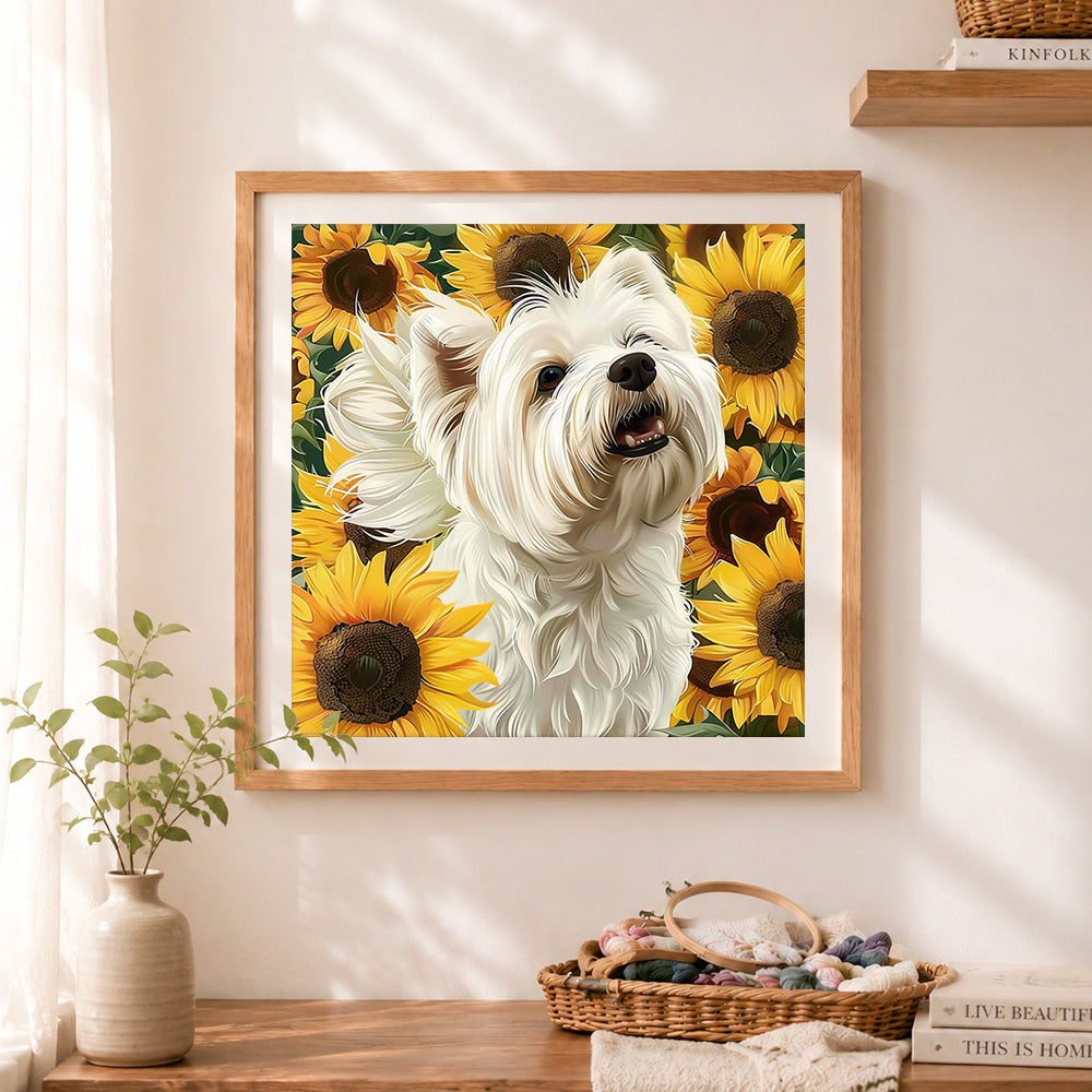 Finished sunflower westie cross stitch artwork displayed as home decor