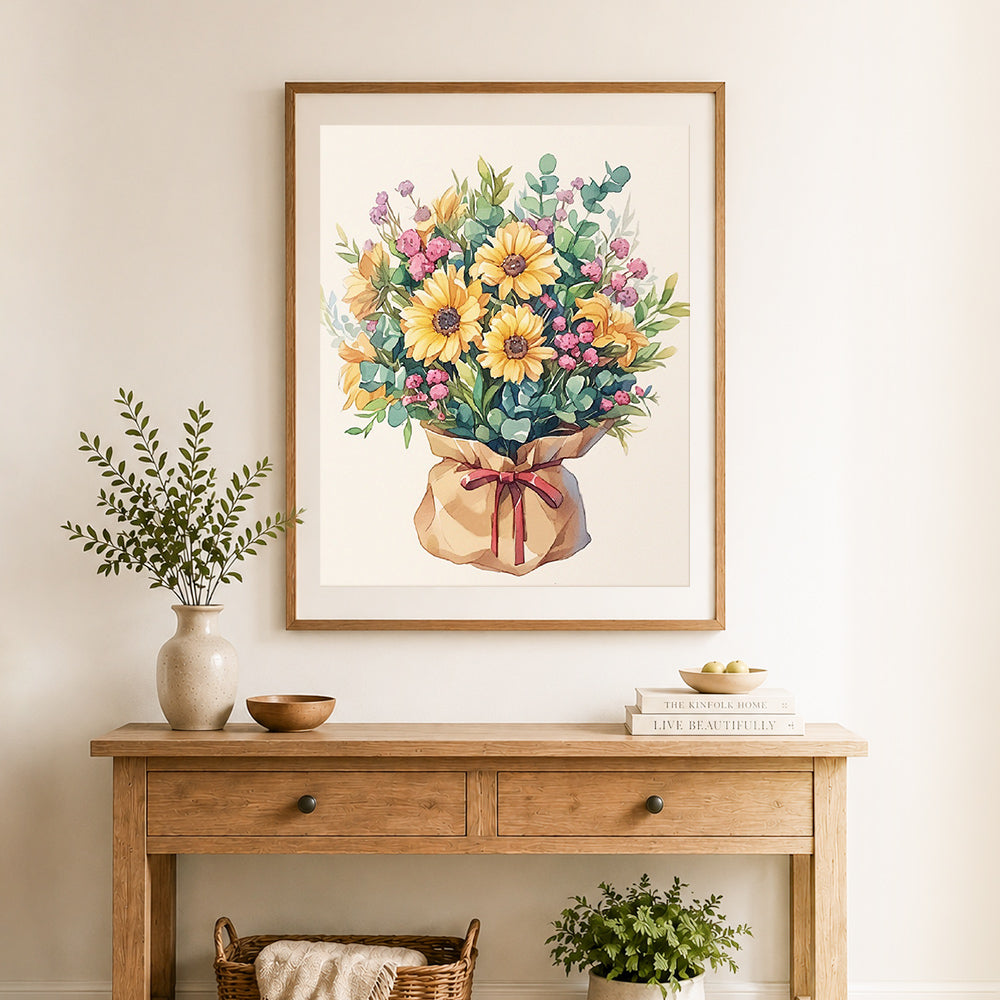 Finished sunflower wrapped bouquet cross stitch artwork displayed as home decor