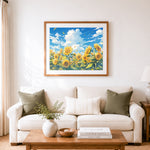 Finished sunflowers beneath bright skies cross stitch artwork displayed as home decor