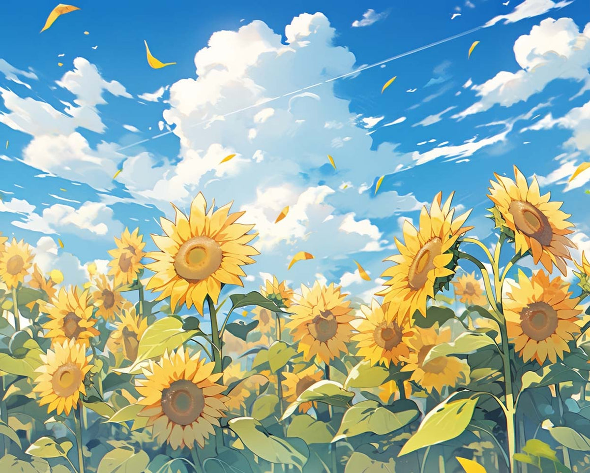 Sunflowers beneath bright skies cross stitch kit for beginners