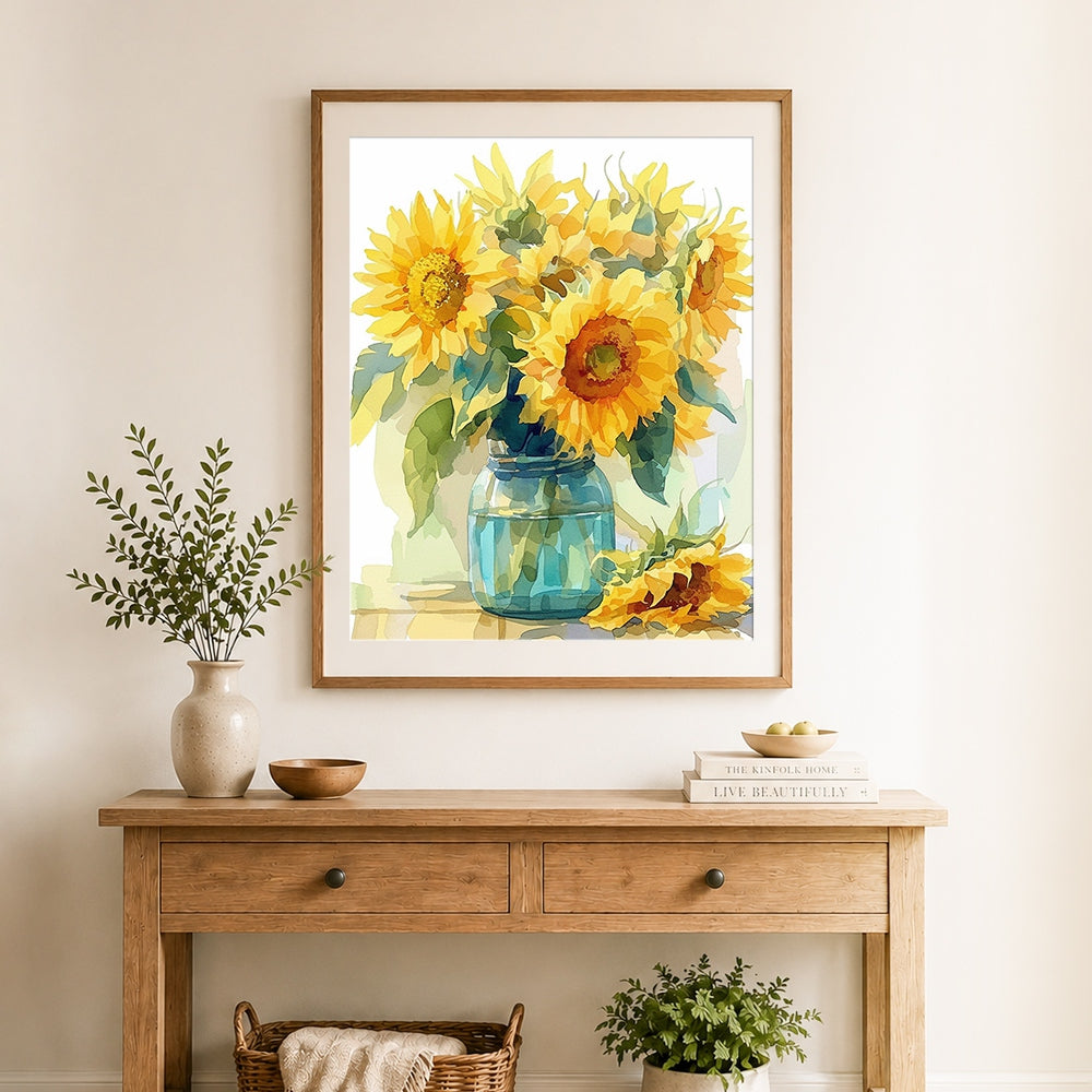 Finished sunflowers in blue mason jar cross stitch artwork displayed as home decor