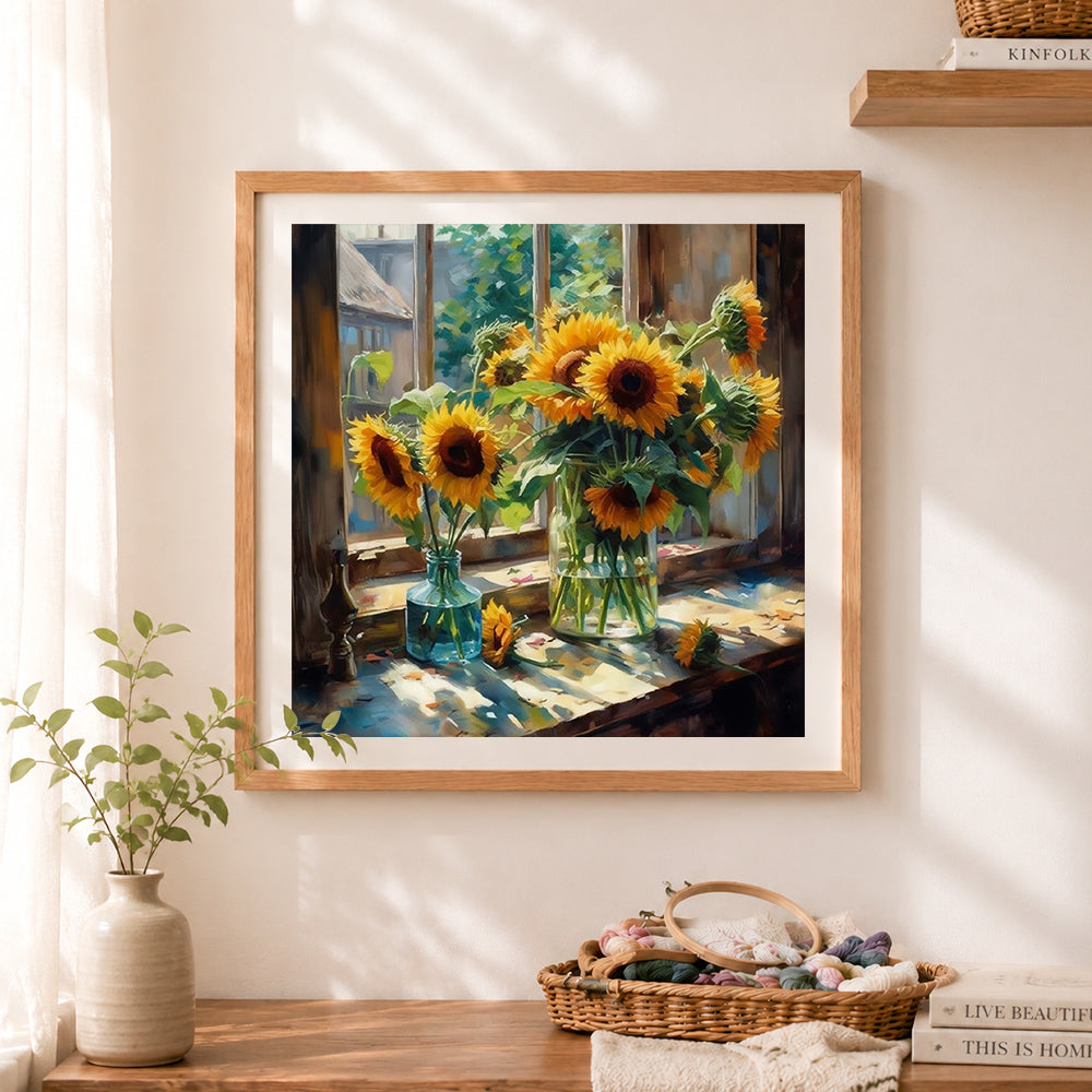 Finished sunflowers on the windowsill cross stitch artwork displayed as home decor