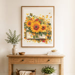 Finished sunflowers on vintage book cross stitch artwork displayed as home decor
