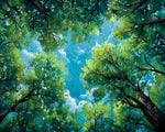Sunlight filtering through green canopy cross stitch kit for beginners