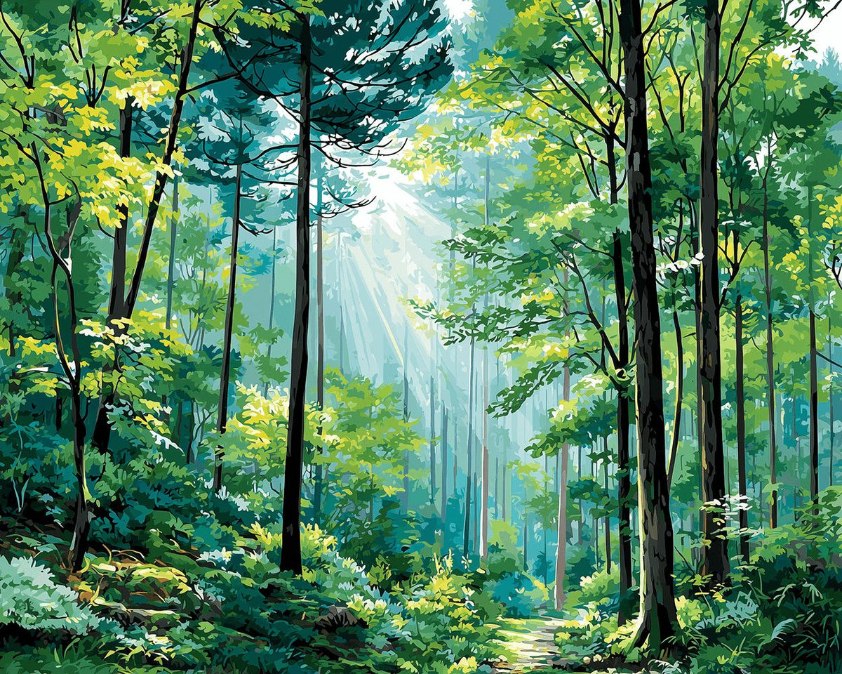Sunlight filtering through lush green forest cross stitch kit for beginners