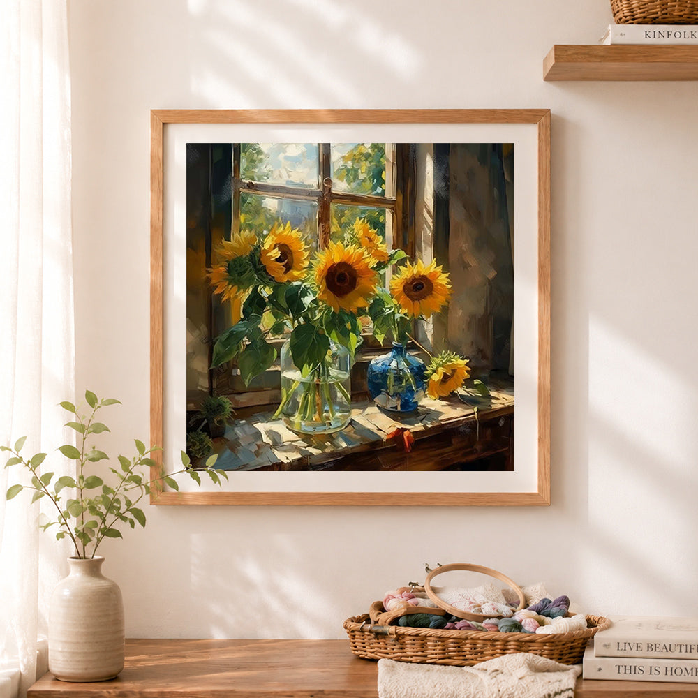 Finished sunlight streaming on sunflowers cross stitch artwork displayed as home decor