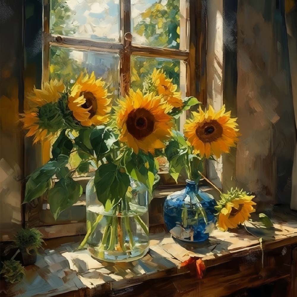 Sunlight streaming on sunflowers cross stitch kit for beginners