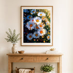 Finished sunlit daisy cluster cross stitch artwork displayed as home decor