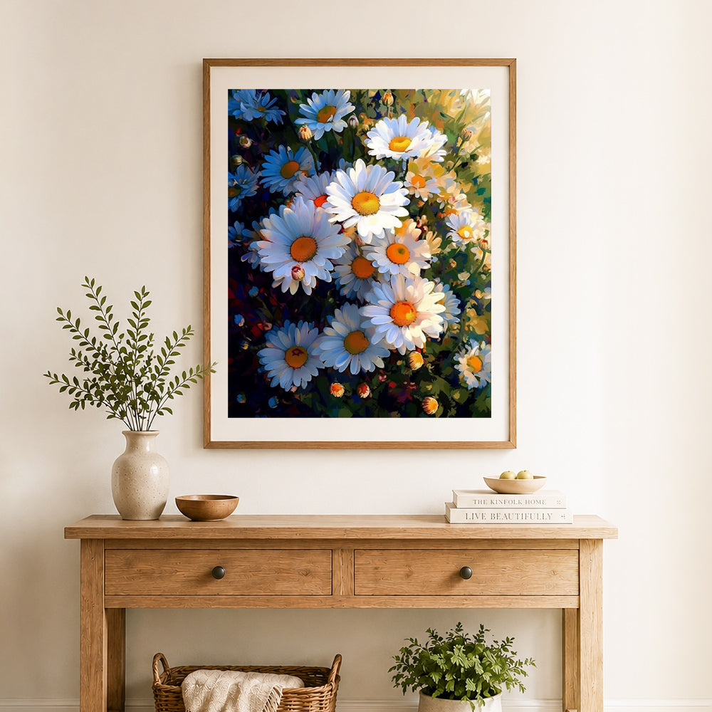 Finished sunlit daisy cluster cross stitch artwork displayed as home decor