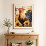 Finished sunlit farm rooster cross stitch artwork displayed as home decor