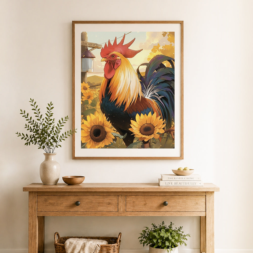 Finished sunlit farm rooster cross stitch artwork displayed as home decor