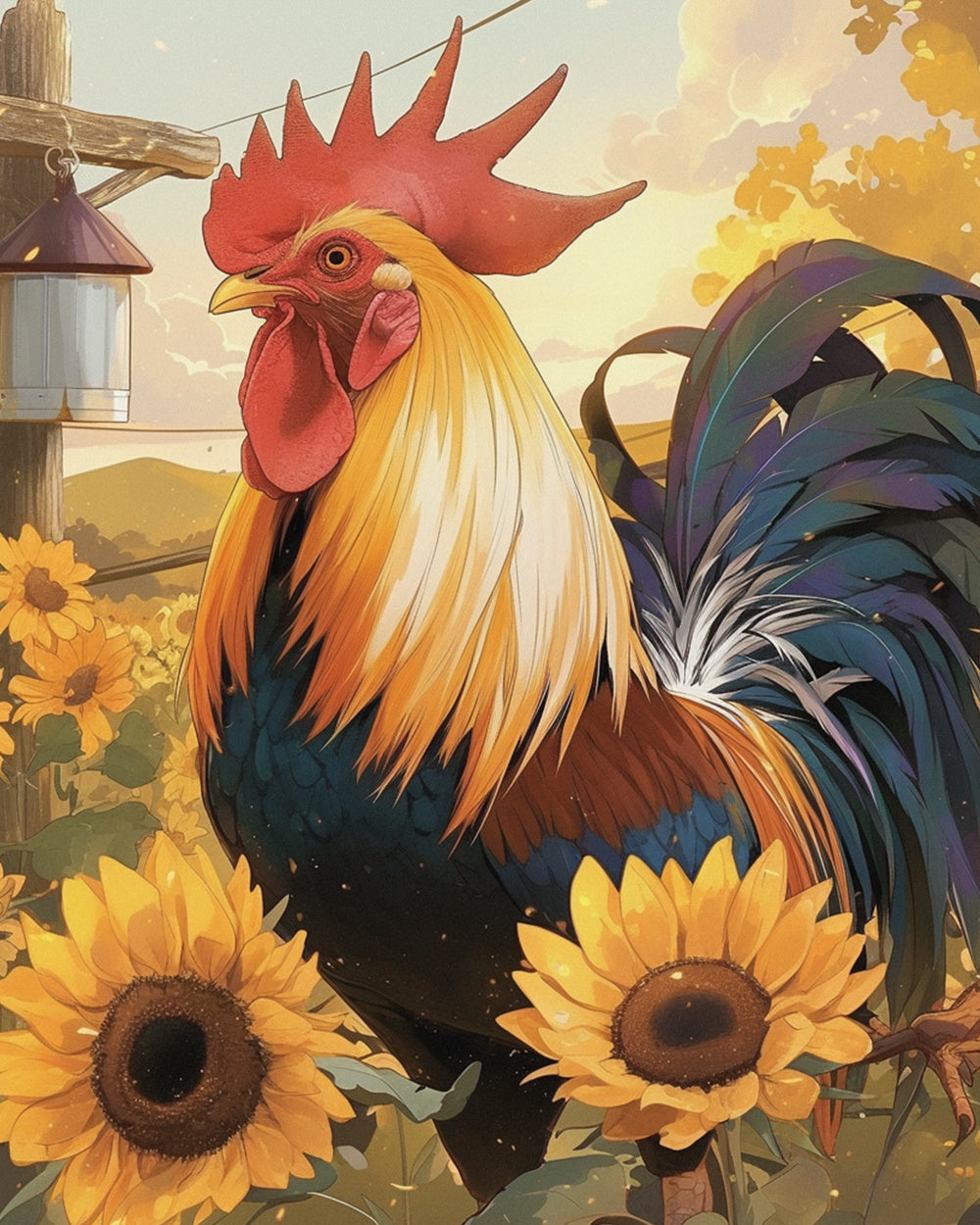 Sunlit farm rooster cross stitch kit for beginners