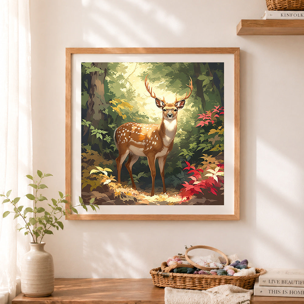 Finished sunlit forest deer cross stitch artwork displayed as home decor