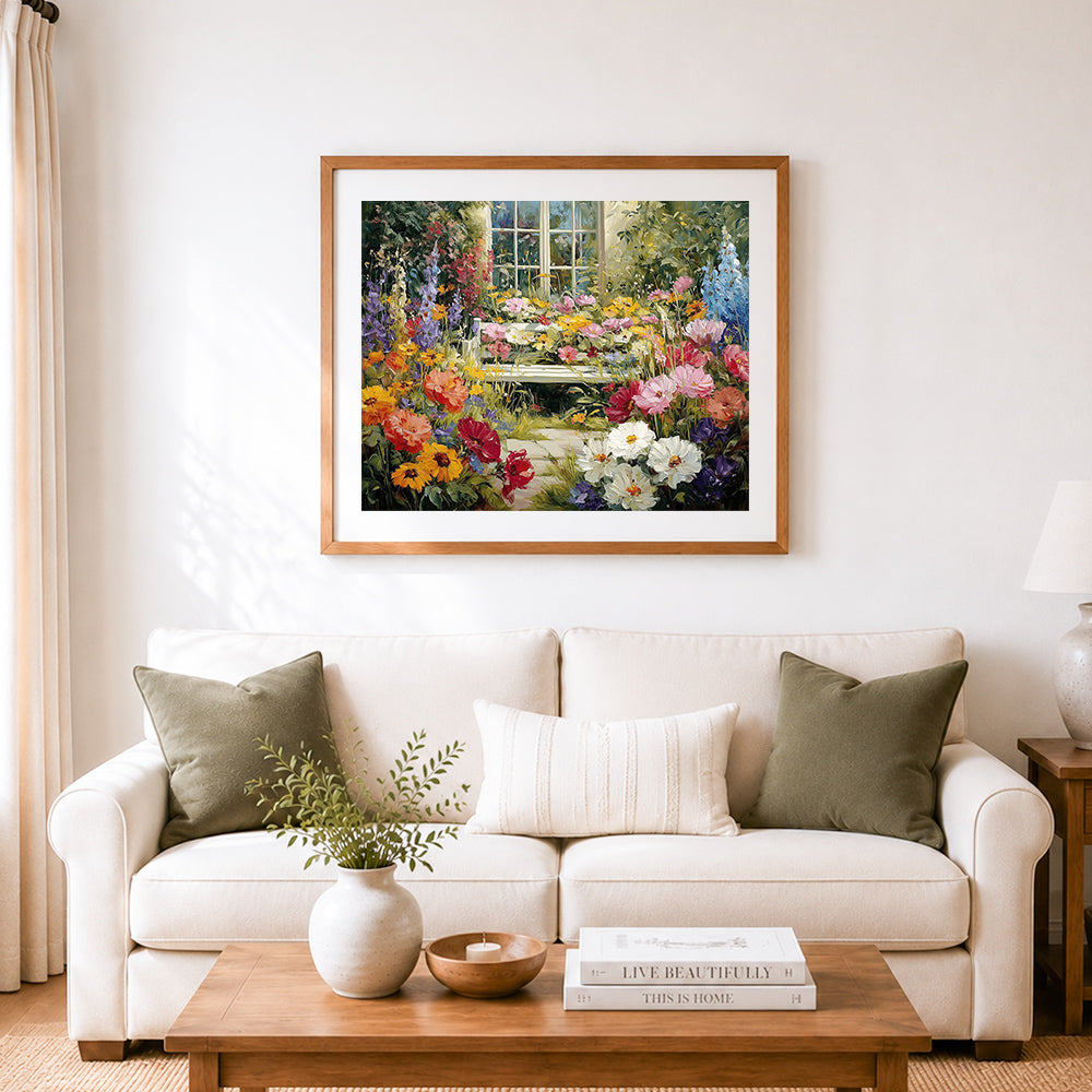 Finished sunlit garden bench surrounded by flowers cross stitch artwork displayed as home decor