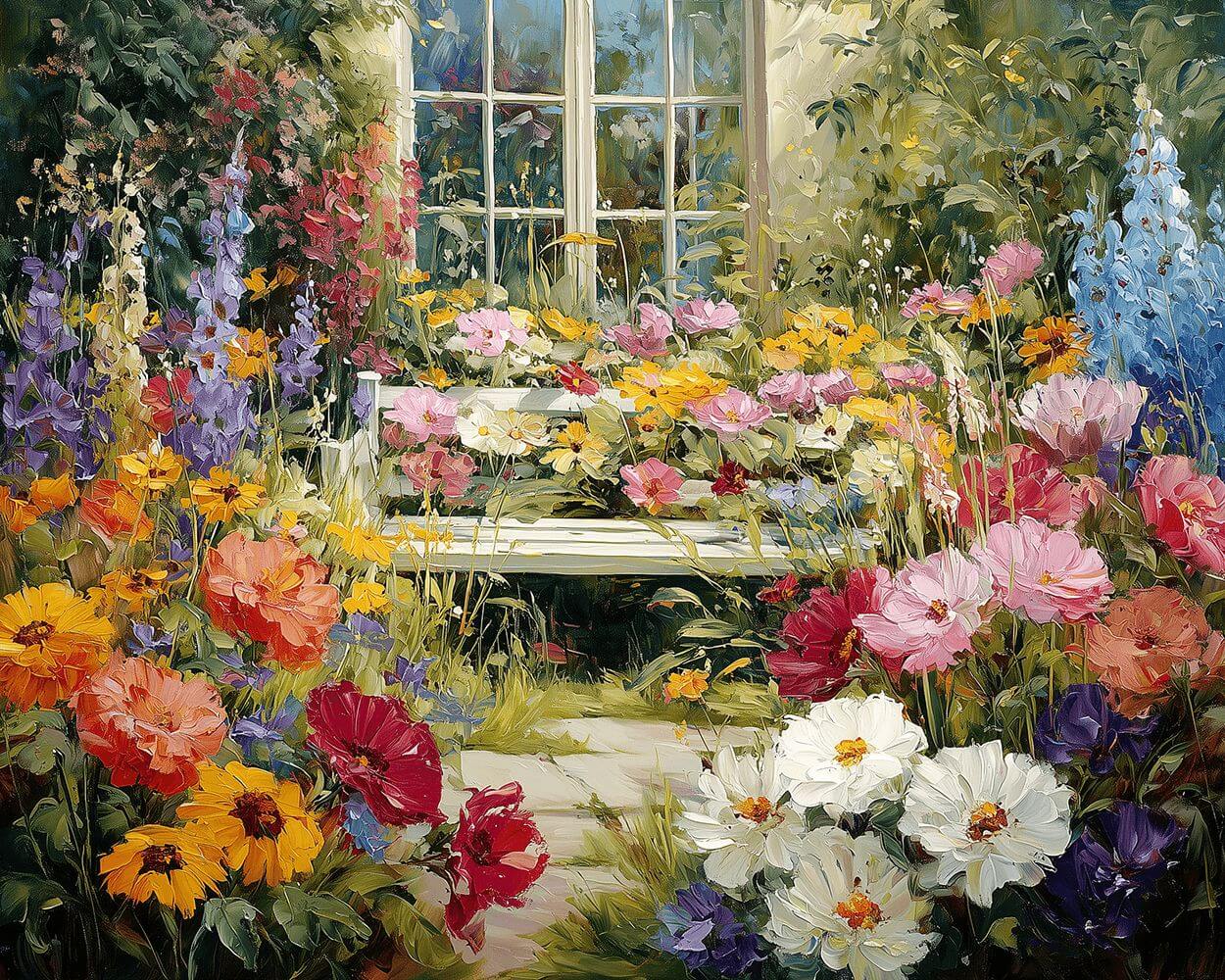 Sunlit garden bench surrounded by flowers cross stitch kit for beginners
