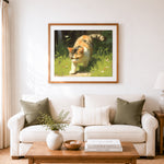 Finished sunlit garden kitten cross stitch artwork displayed as home decor
